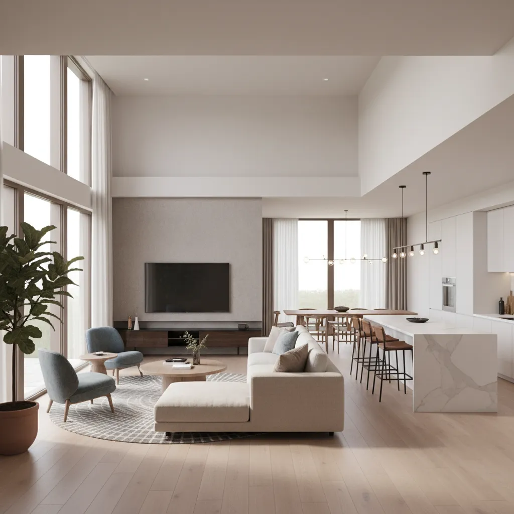 Visualización 3D de salón y cocina en plano de casa digital