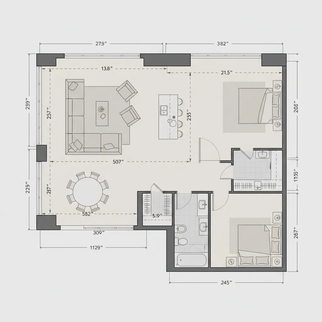 home floor plan showing measurements and furniture spacing
