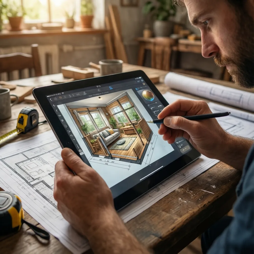 Persona planificando distribución de casa en una app móvil con vista 3D