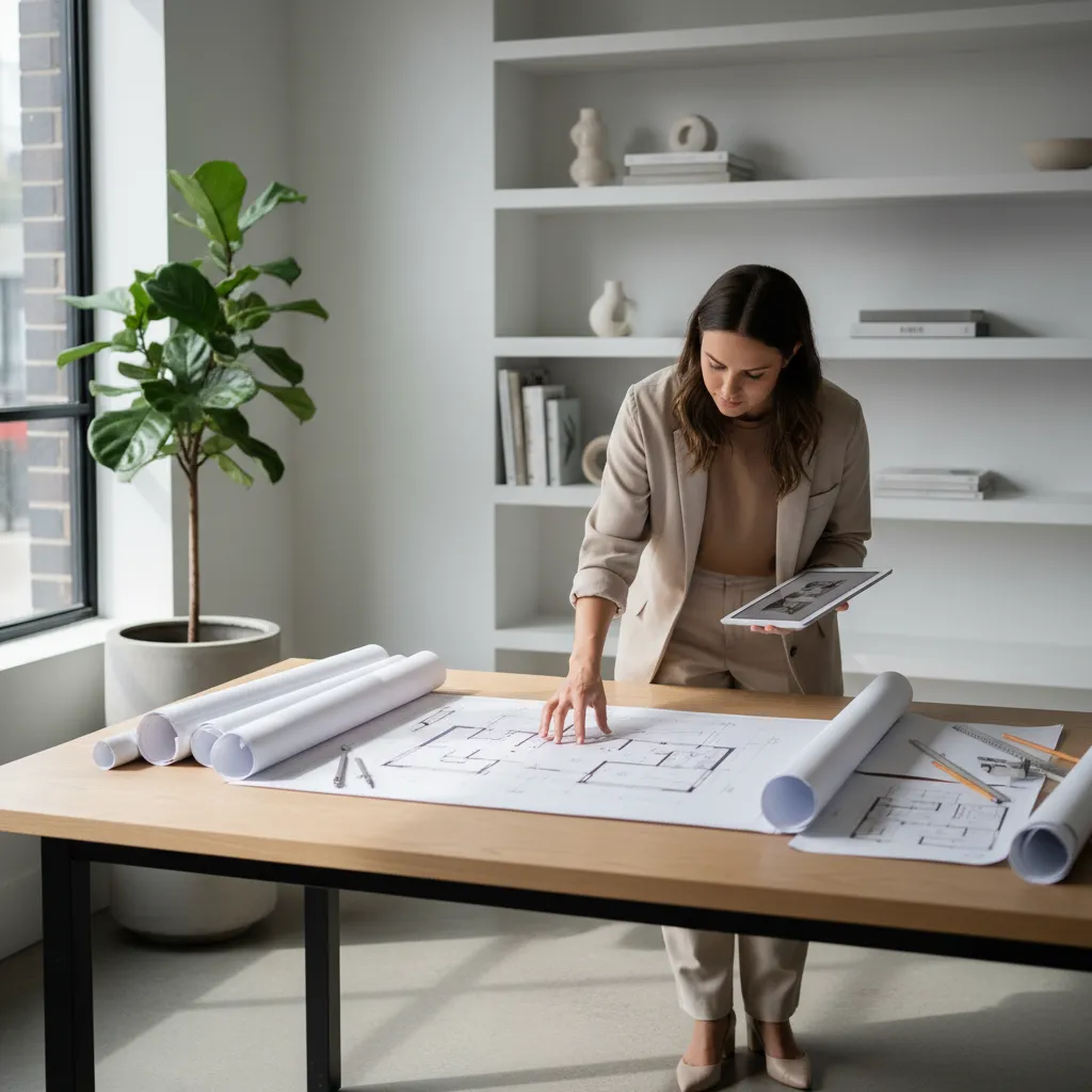 Woman interior designer reviewing paper floor plans on wooden table while holding a digital tablet