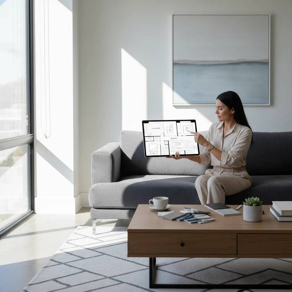 Interior designer creating a 2D floor plan on a tablet device