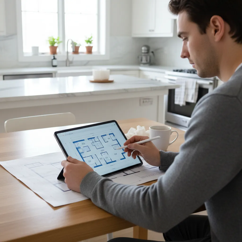 Homeowner reviewing house floor plan layout on tablet during renovation planning