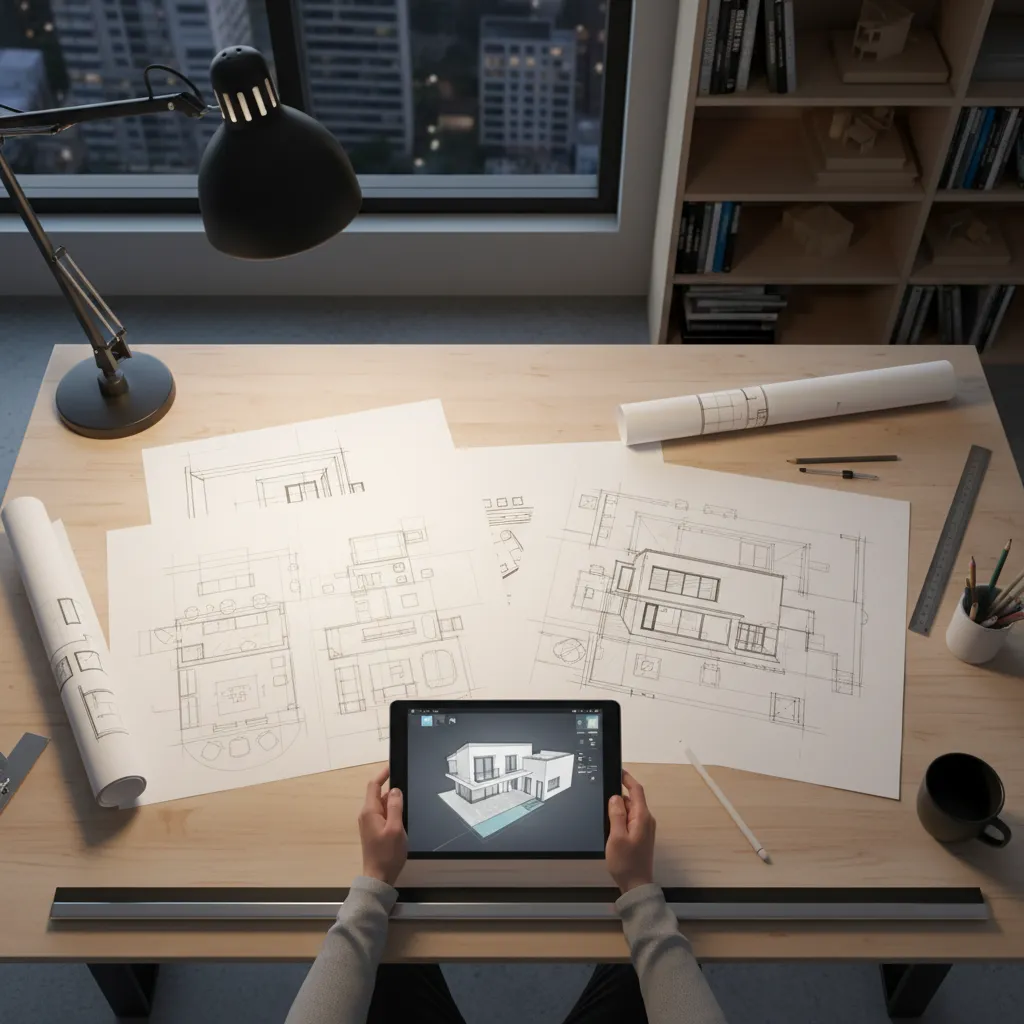 Floor plan sketches on a desk with a tablet showing a 3D room layout design