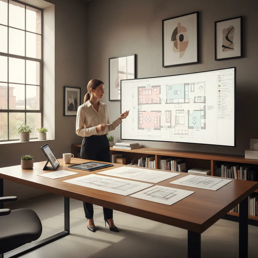 Designer reviewing digital home layout plans on computer during interior planning process