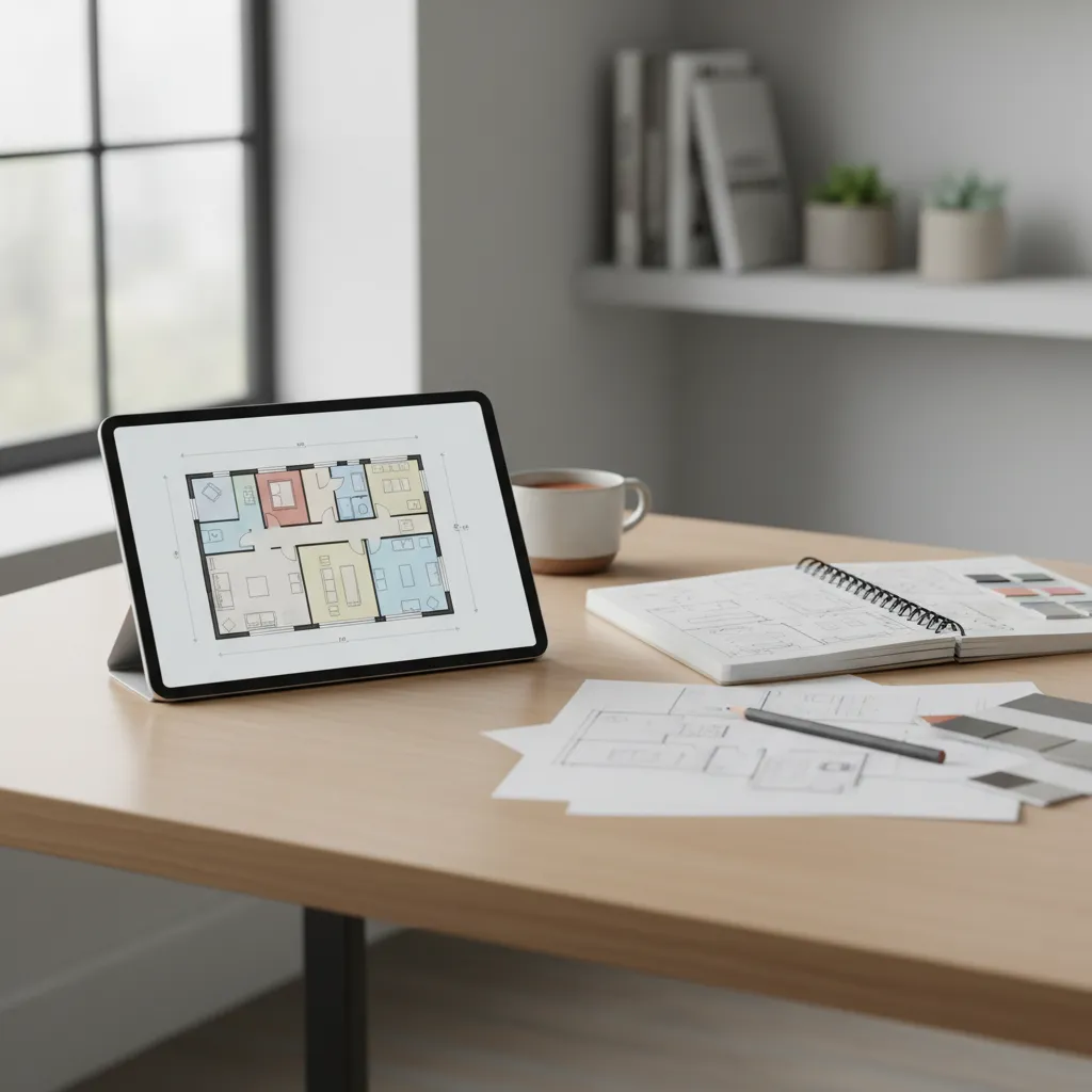 Tablet displaying floor plan while designer sketches layout ideas nearby