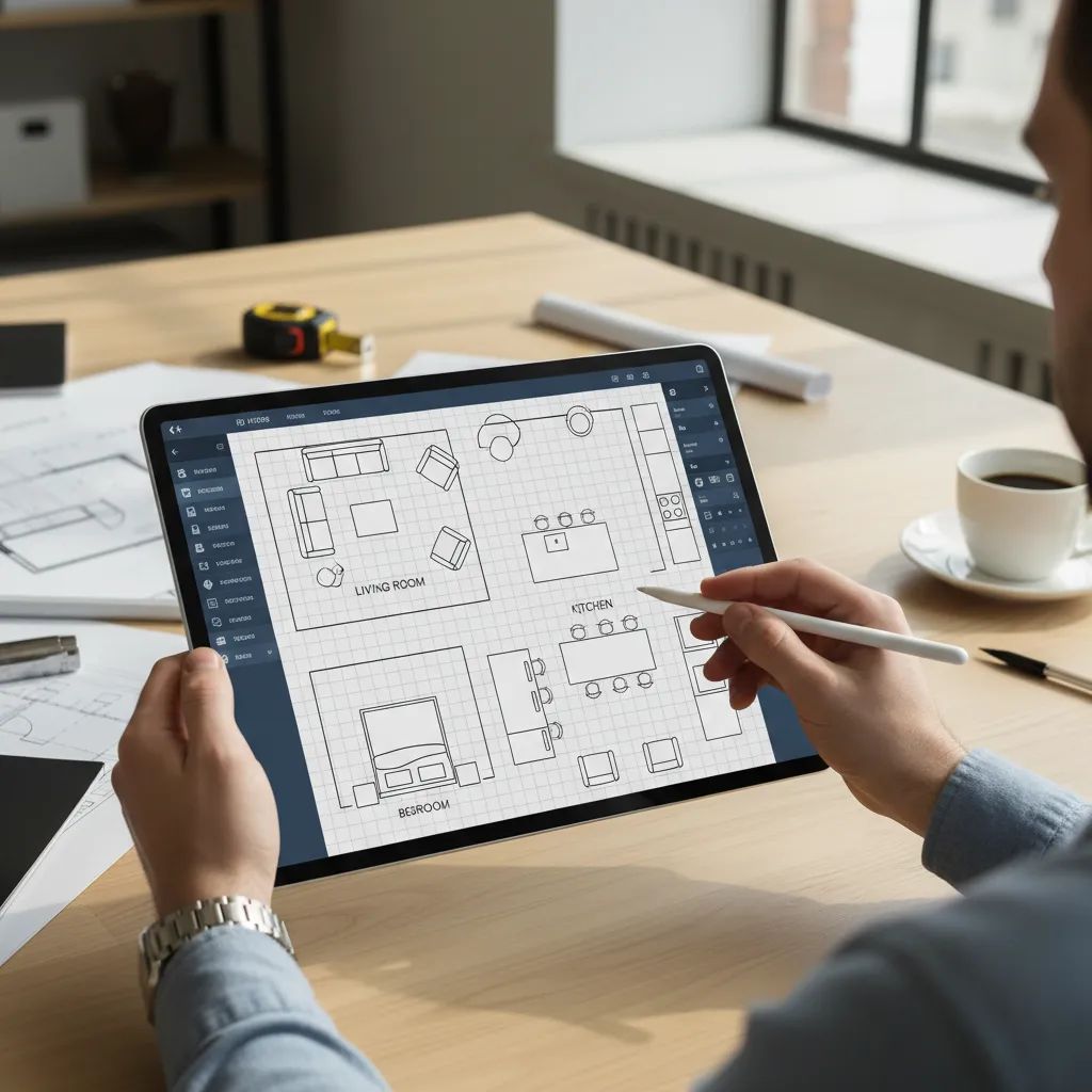 digital interface showing home layout planning with rooms and furniture placement