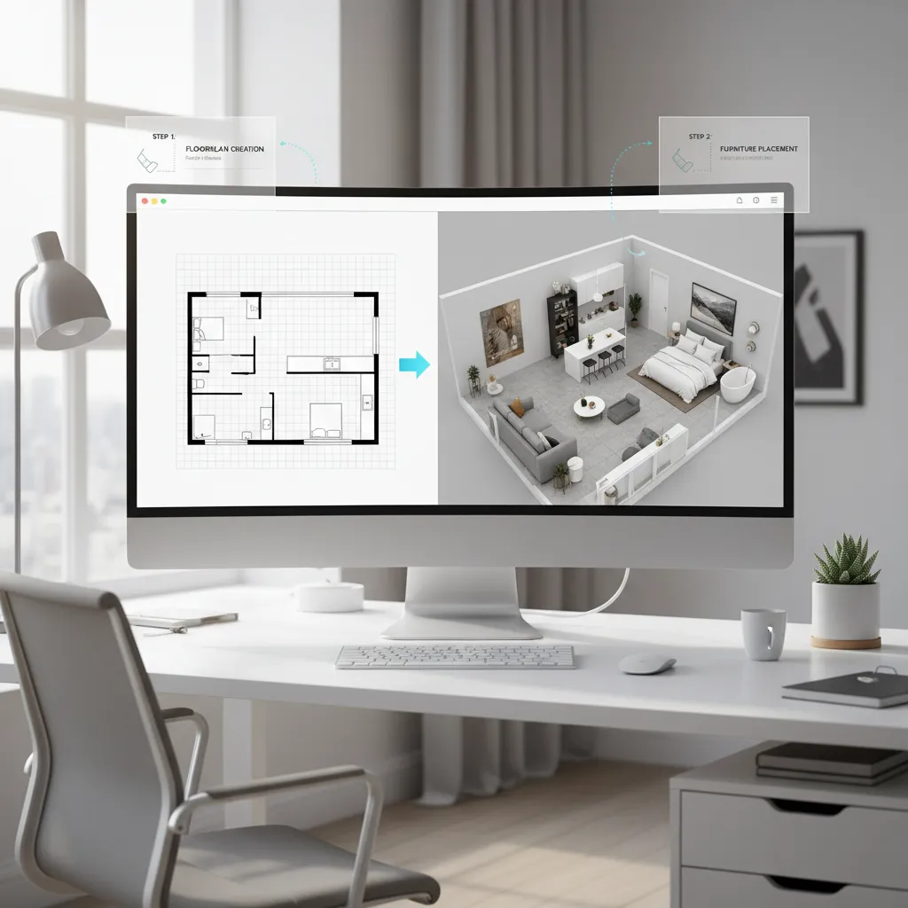 Step by step digital home layout planning process on a design tool