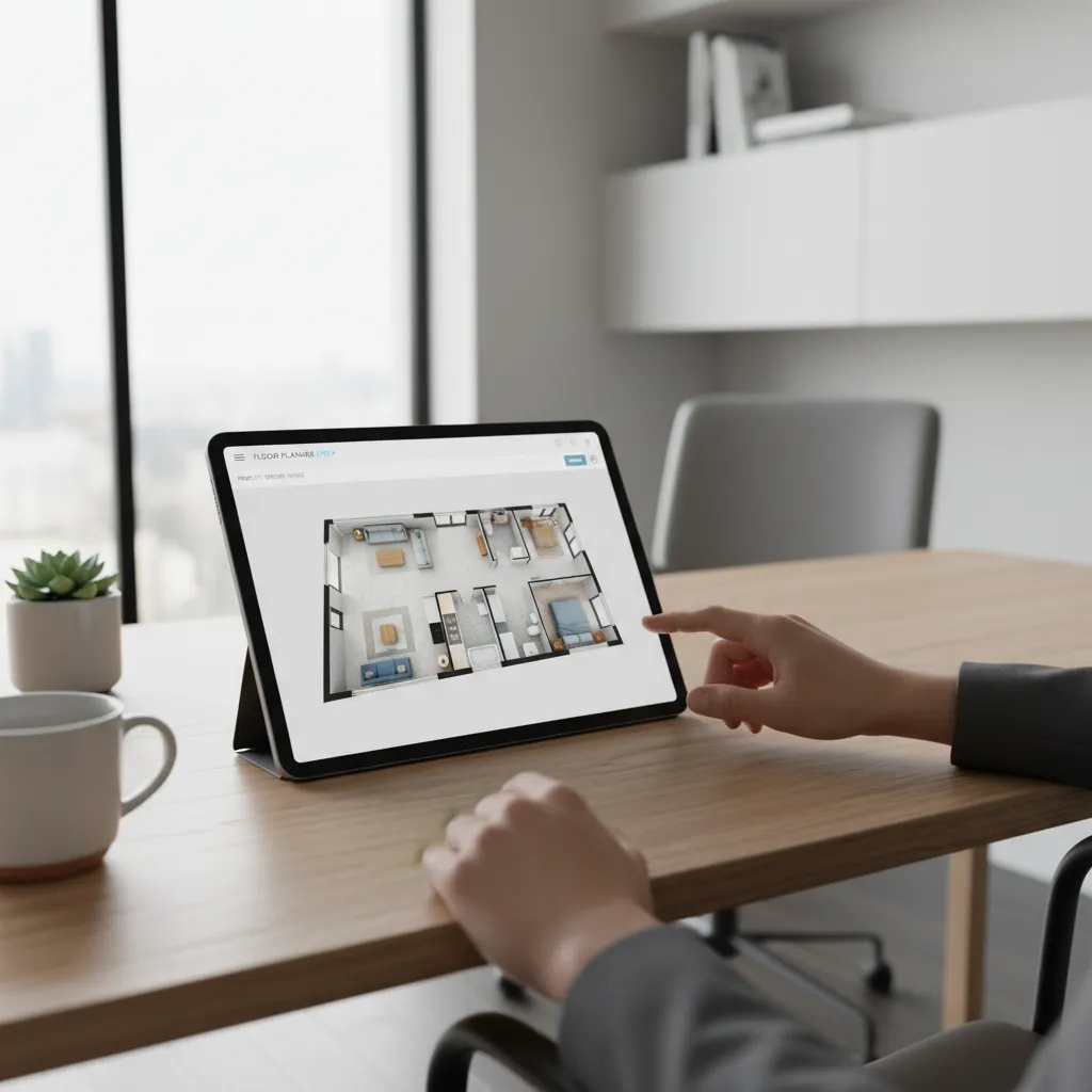 person planning home layout using a floor plan app on a tablet