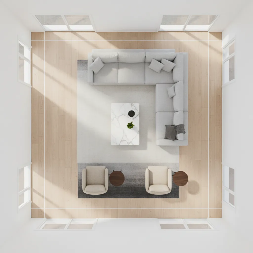 living room layout planning with furniture spacing and circulation paths