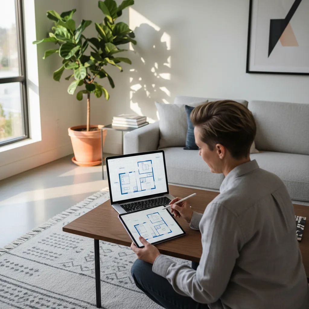 Person planning a house layout with 2D floor plan software and tablet