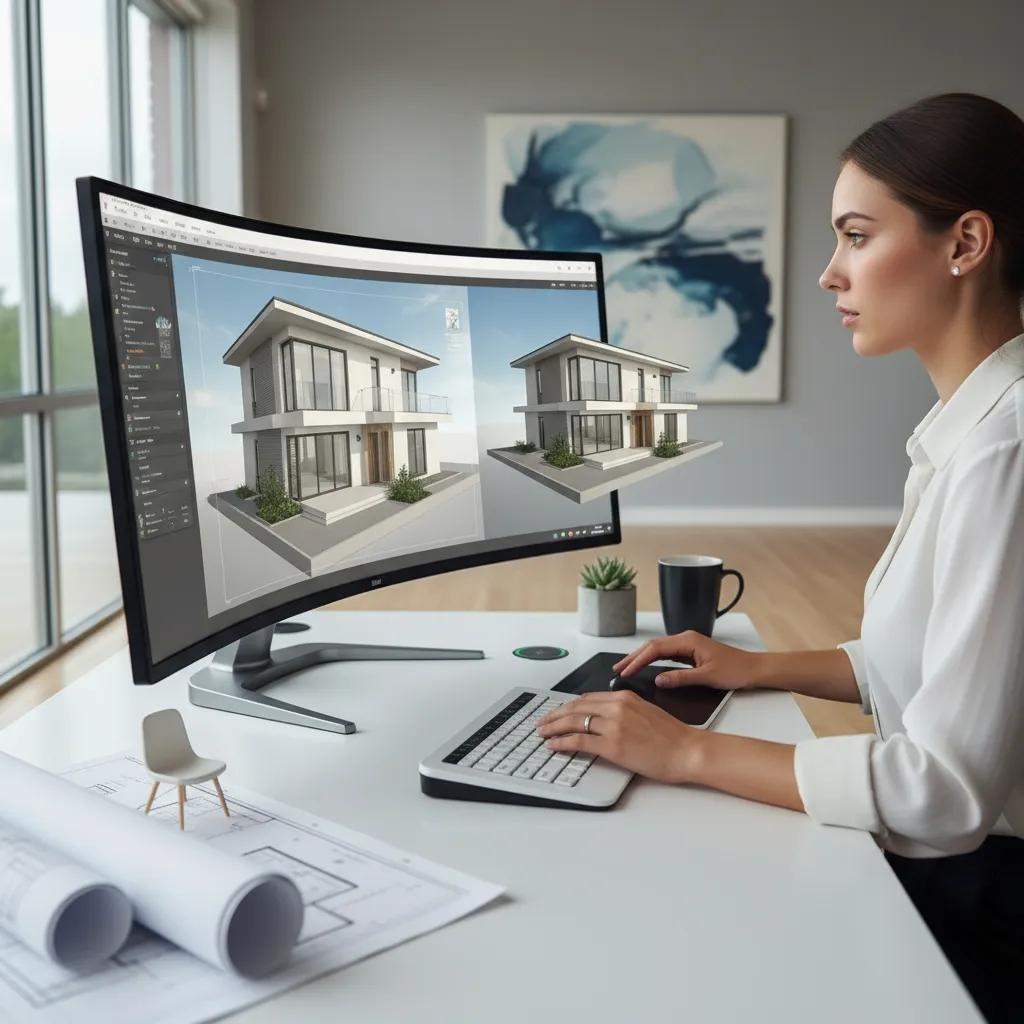 Designer using curved screen to edit house model with paper floor plan drawings on desk