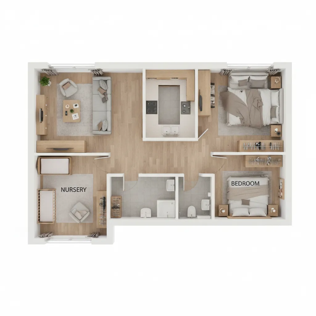 Simple 3D floor plan of a home showing bedroom and nursery layout