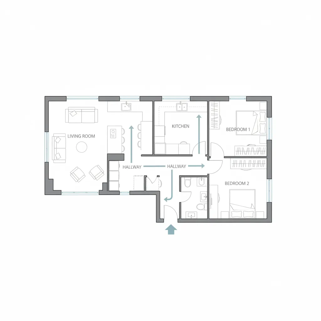 Floor plan diagram with blue arrows showing the room flow and layout of an apartment