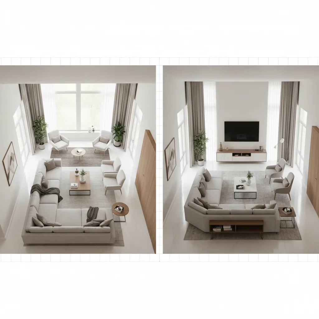 before and after furniture layout comparison in home design simulator