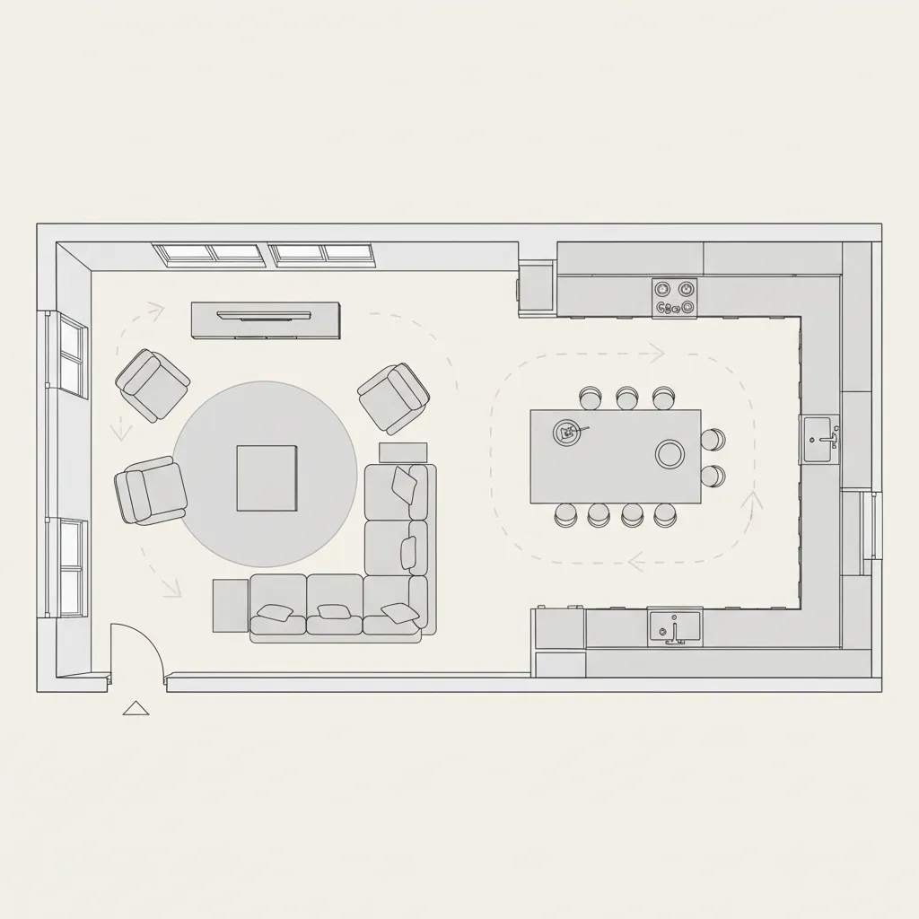 Simple home floor plan showing walking paths and furniture spacing