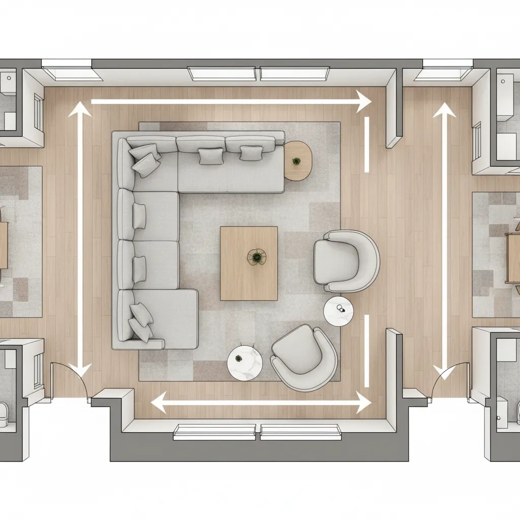 living room floor plan showing walkway clearance around furniture layout