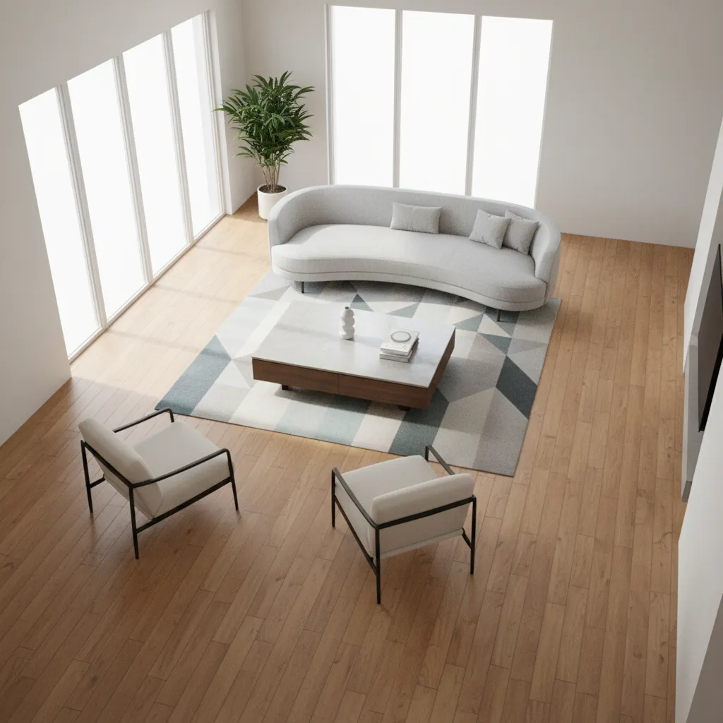 3D room layout demonstrating proper furniture spacing and walkway clearance
