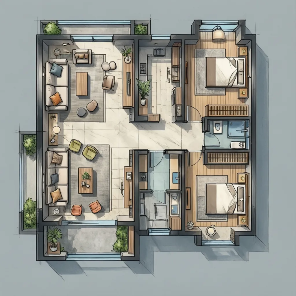 Hand-drawn interior design drawing showing a modern apartment layout with living room kitchen and bedrooms