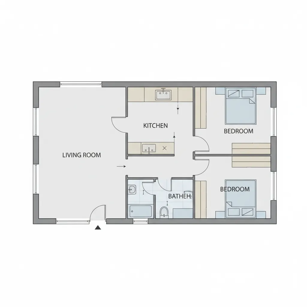 simple residential layout zoning showing living room kitchen and bedroom areas