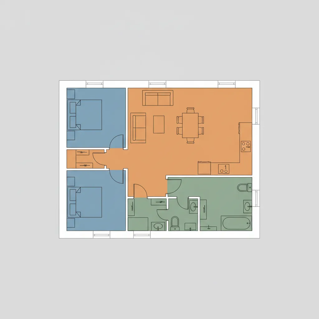 simple residential floor plan zoning diagram showing living private and service areas