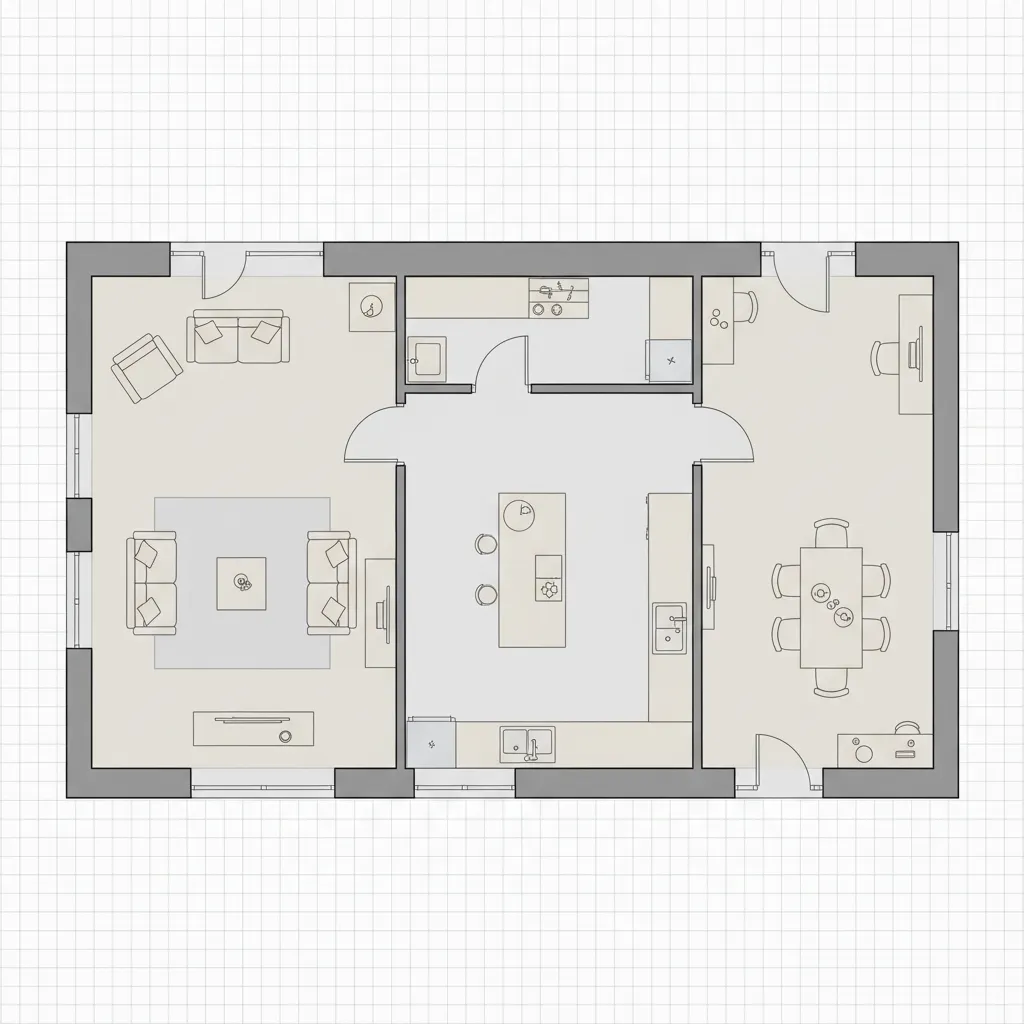 digital home floor plan with labeled zones for living room kitchen and dining
