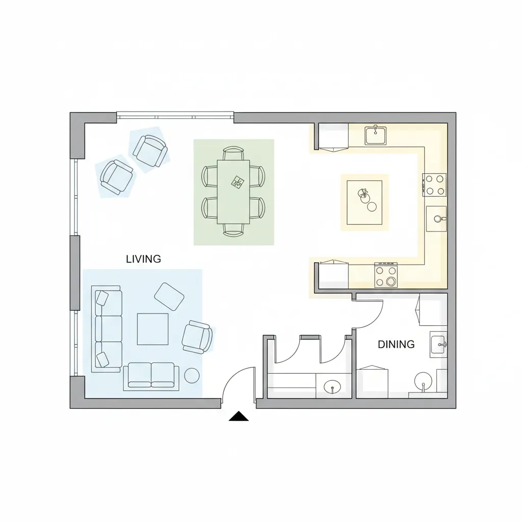 floor plan showing zoning of living dining and kitchen areas