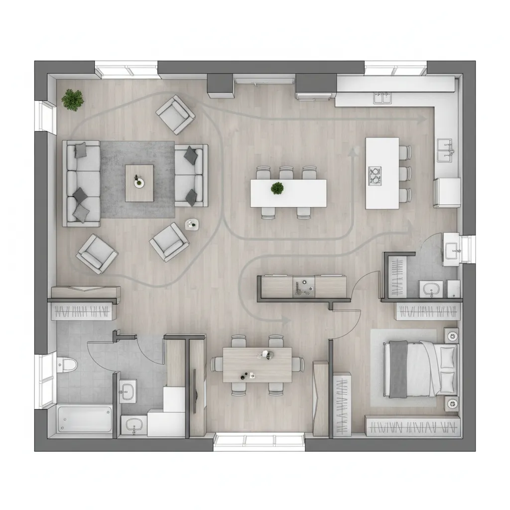 Digital house layout showing living room kitchen and bedroom zones in a floor planning app