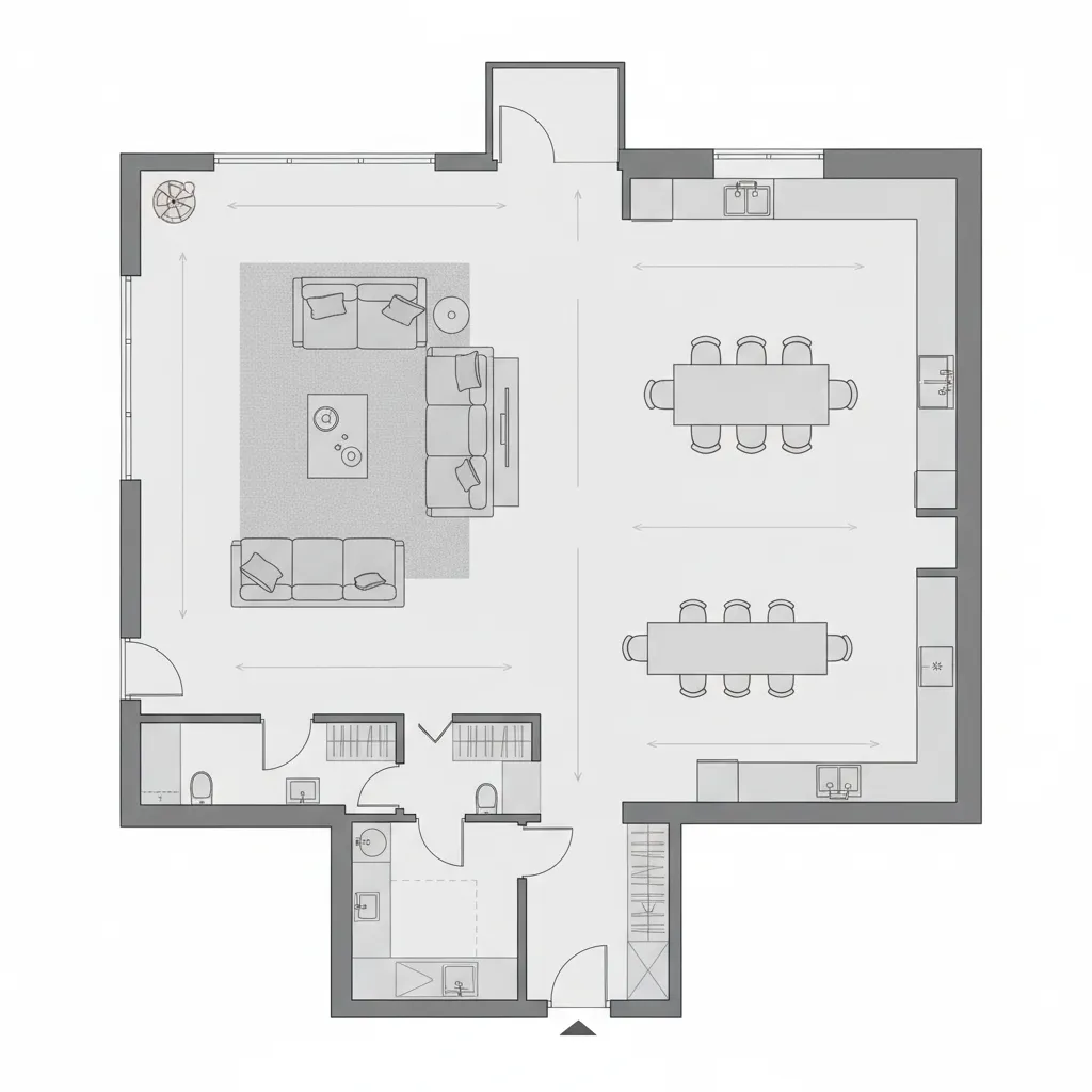 Residential floor plan showing room zoning and circulation paths