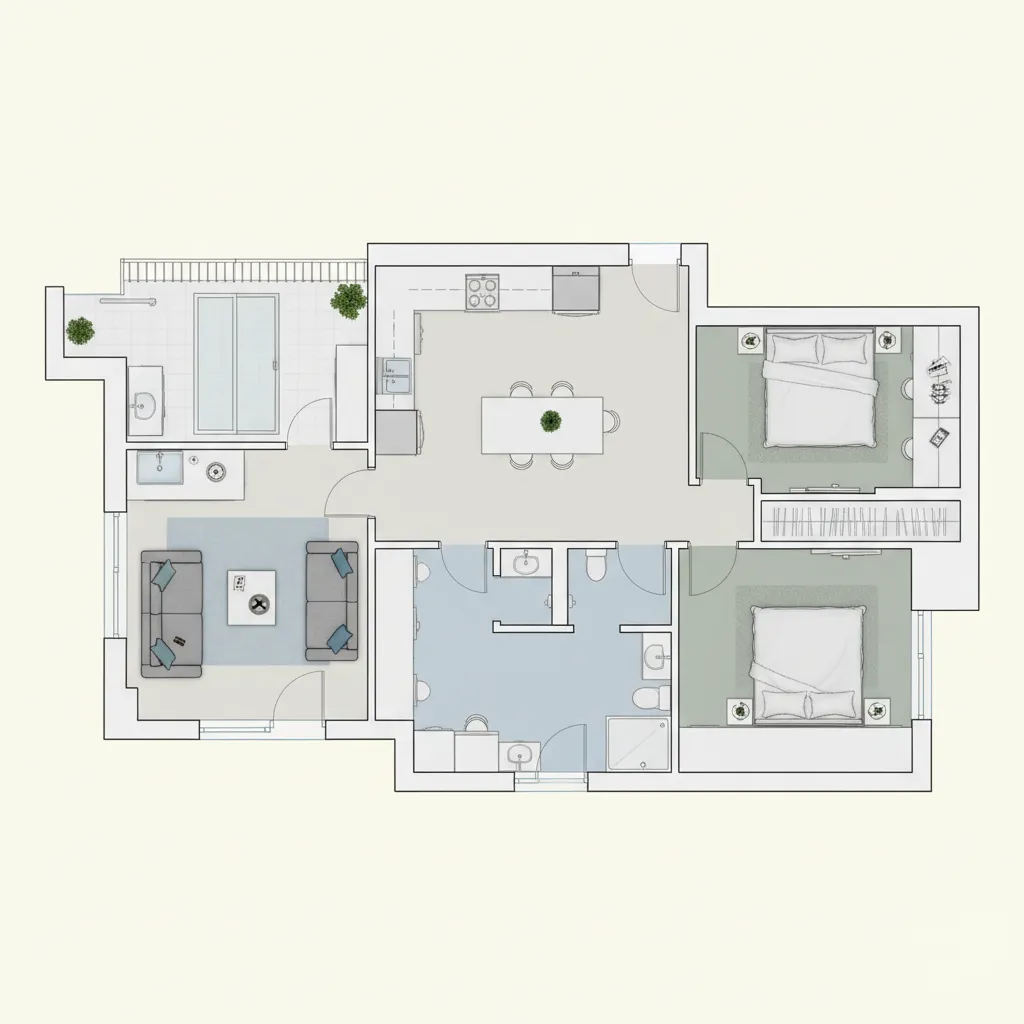 Top view home floor plan showing living room kitchen and bedroom zones