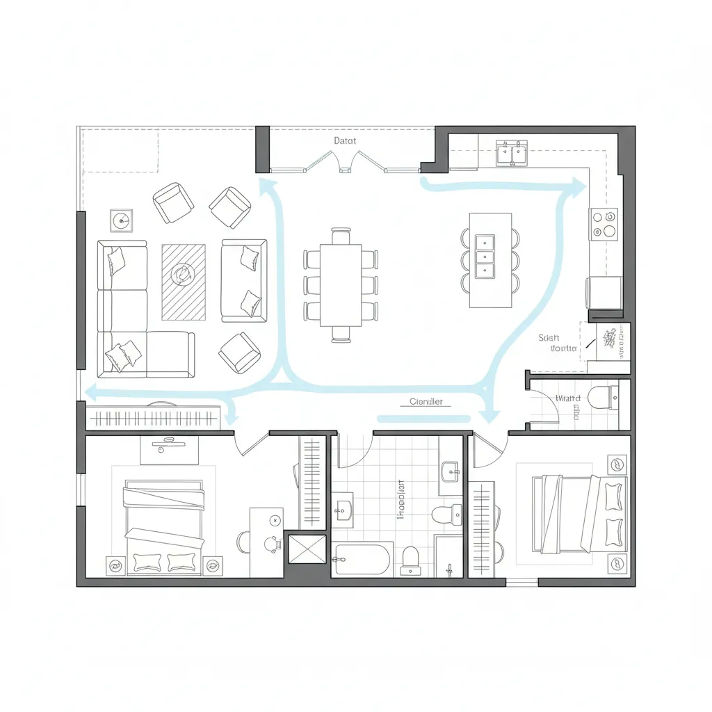 2D home floor plan showing zoning for living room dining and circulation paths