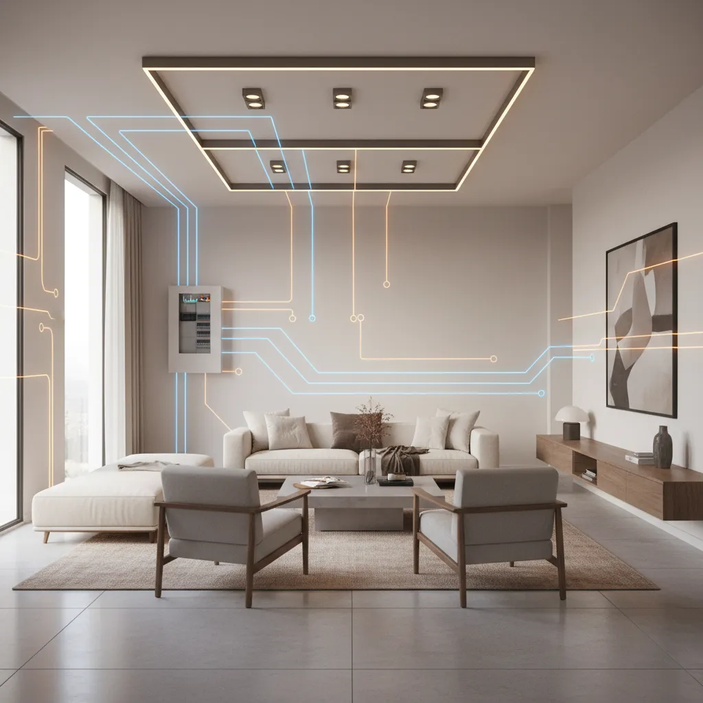 Modern living room lighting connected to household electrical circuit system