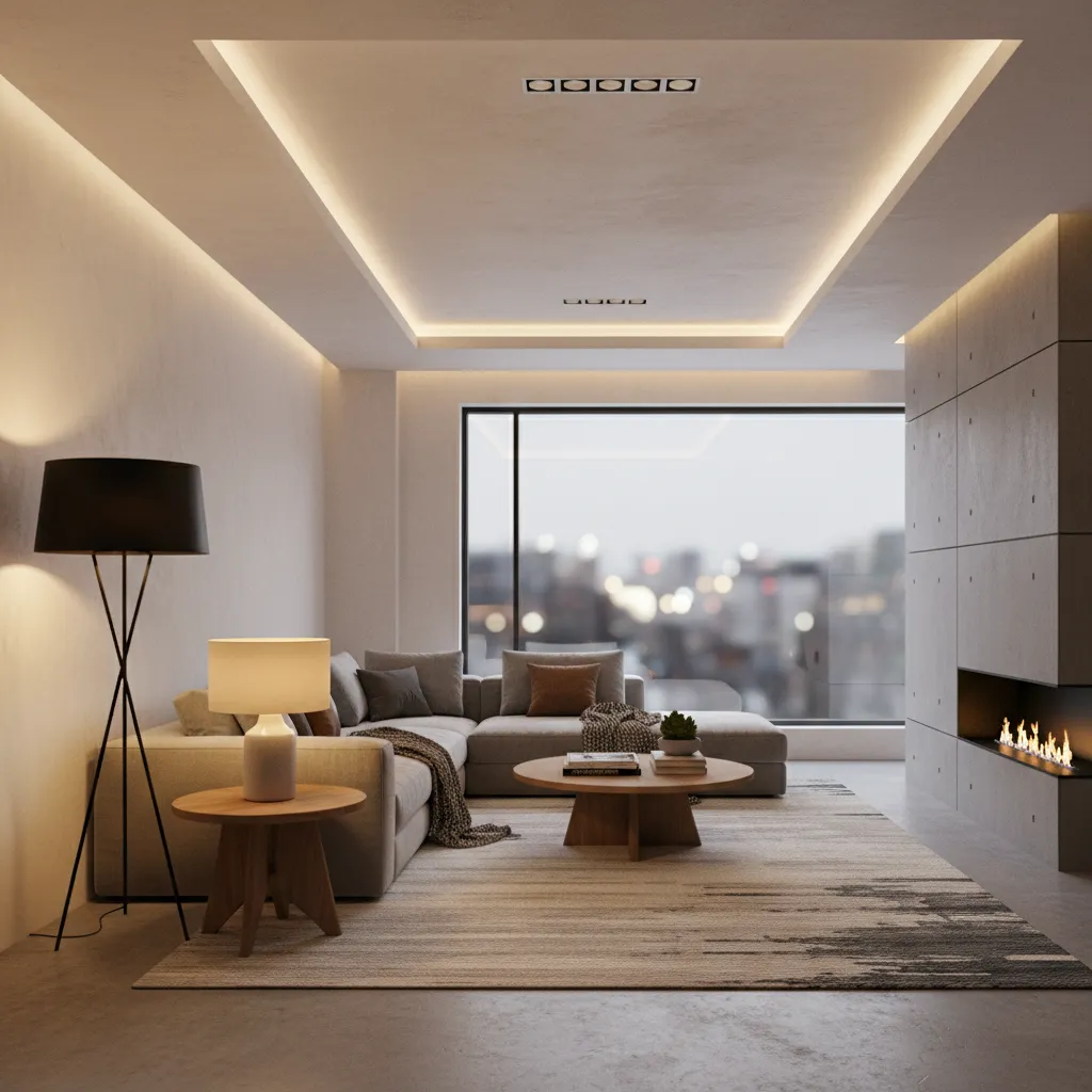 Ejemplo de iluminación en capas en un salón con lámparas de pie, techo y mesa