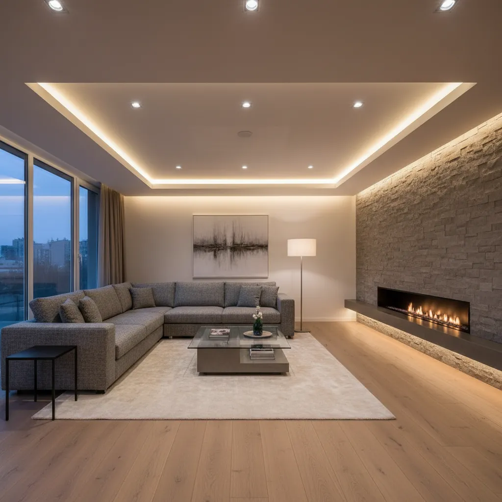 Modern living room with large grey sofa stone wall fireplace floor lamp and recessed ceiling light
