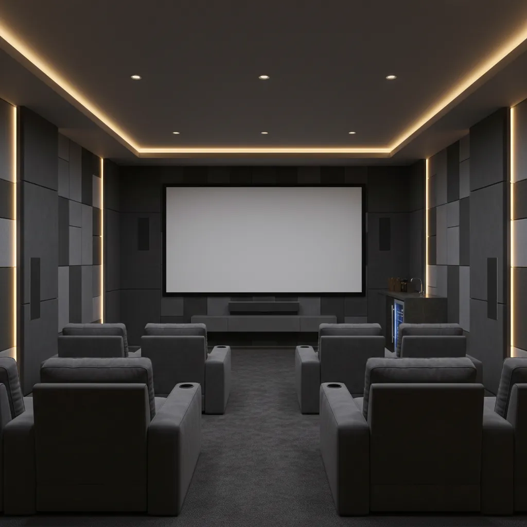 Home media room with projector screen, surround speakers, and cinema seating