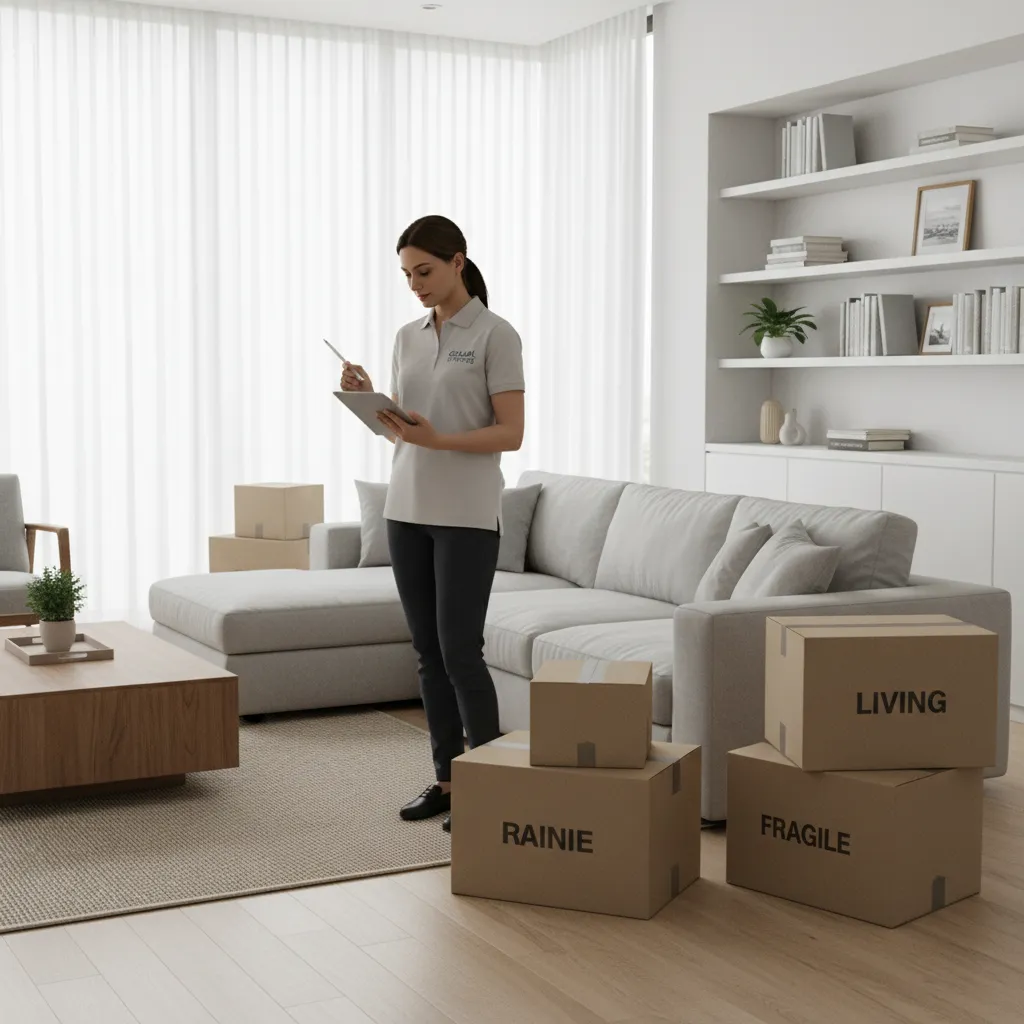 Moving company estimator reviewing household furniture inventory inside a living room