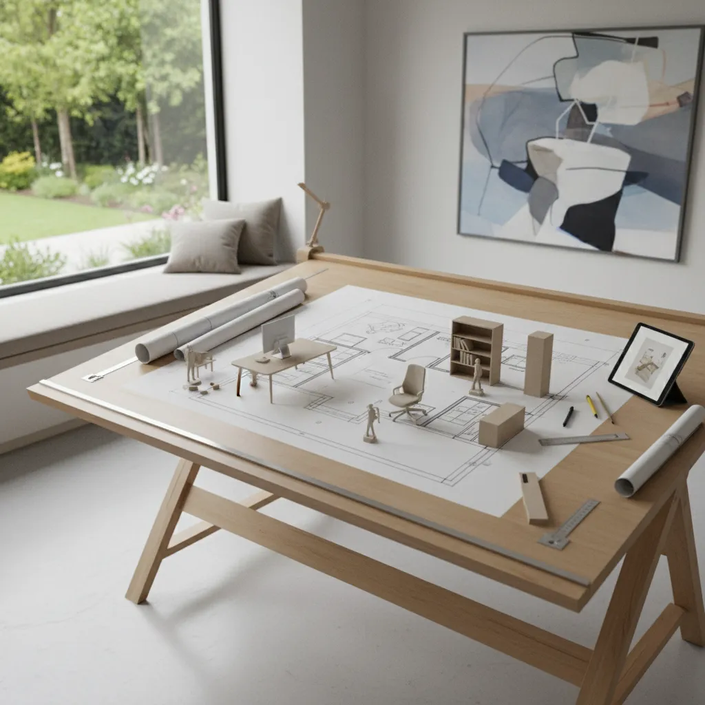 Vista de planificación de una oficina en casa con plano y distribución de muebles