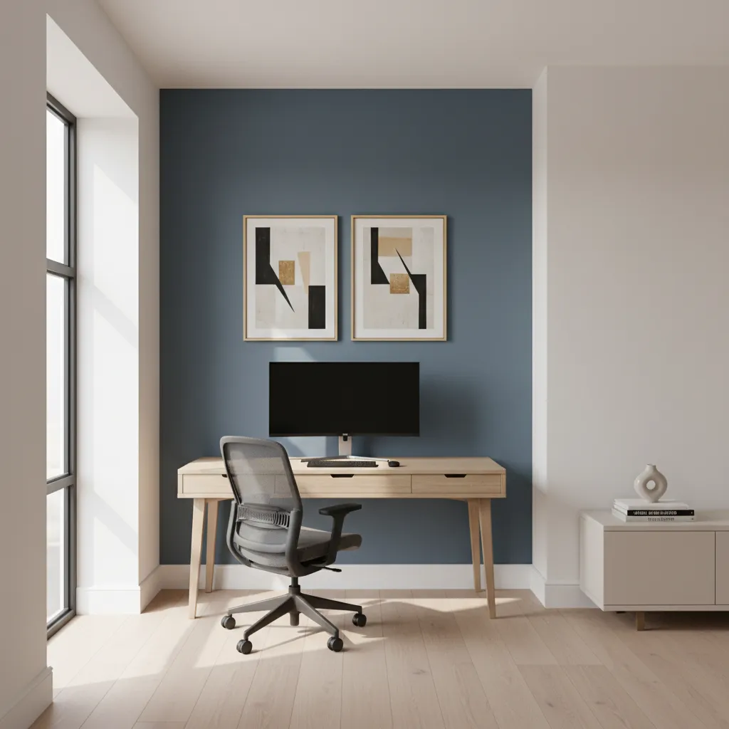 Home office with accent wall behind desk and modern decor