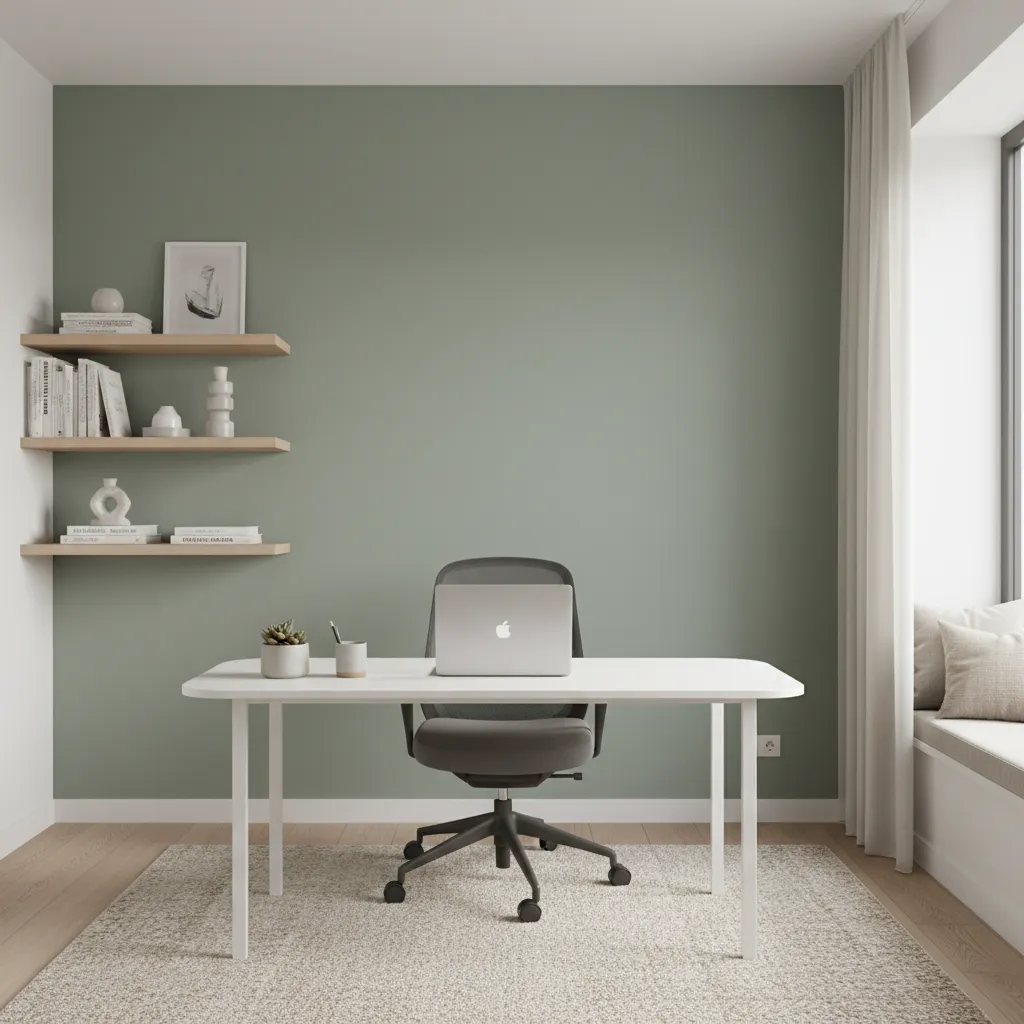 Calm modern home office with muted green wall paint