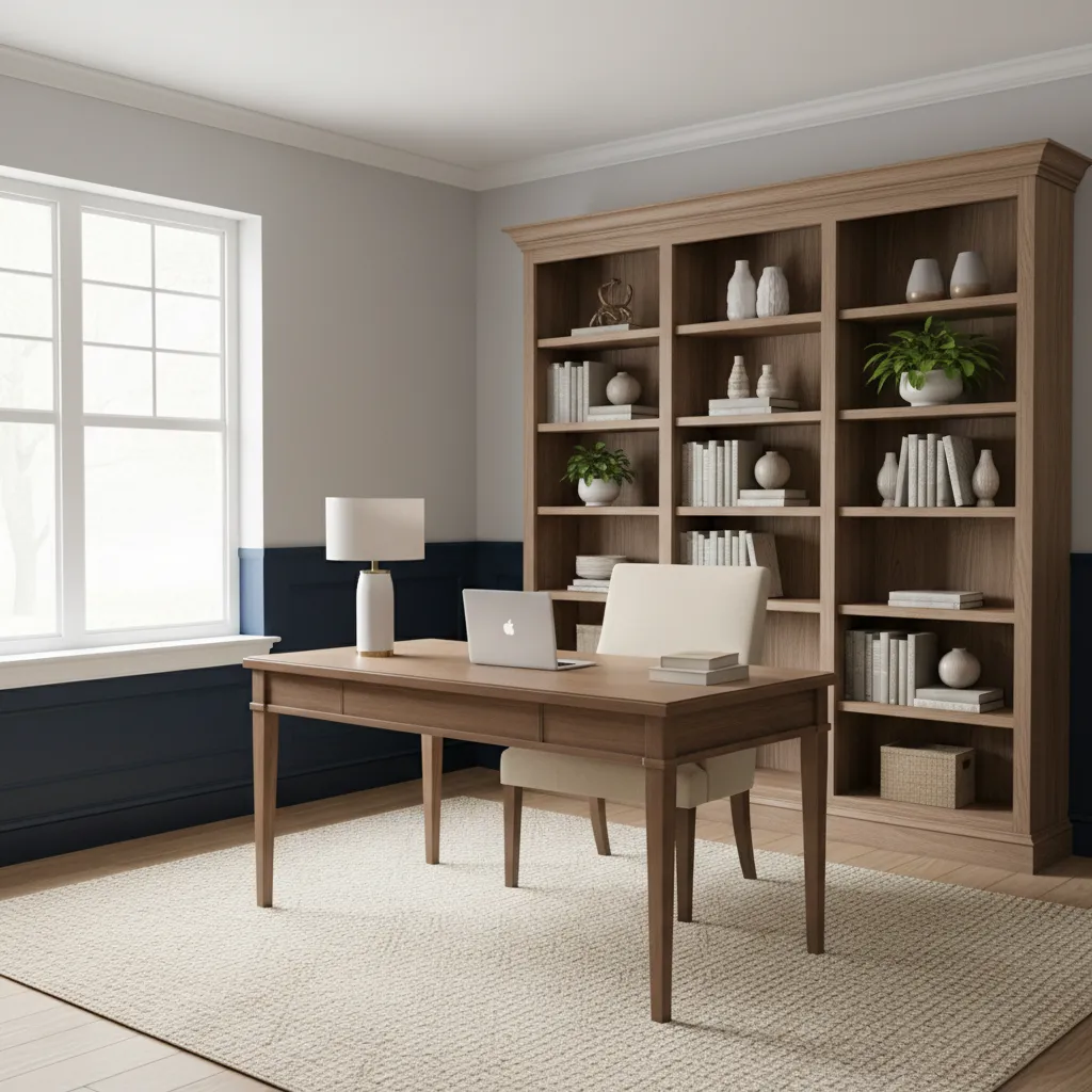 Home office wall with chair rail dividing dark lower paint and light upper paint