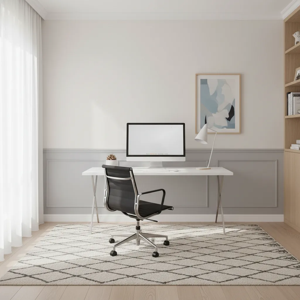 Home office wall with chair rail and two tone paint layout