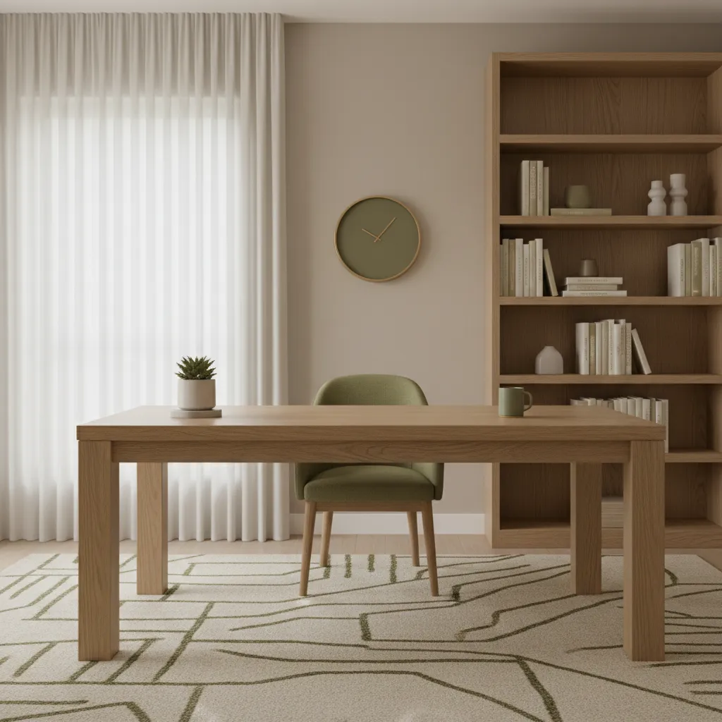 Oficina en casa con paleta de colores neutros y decoración minimalista