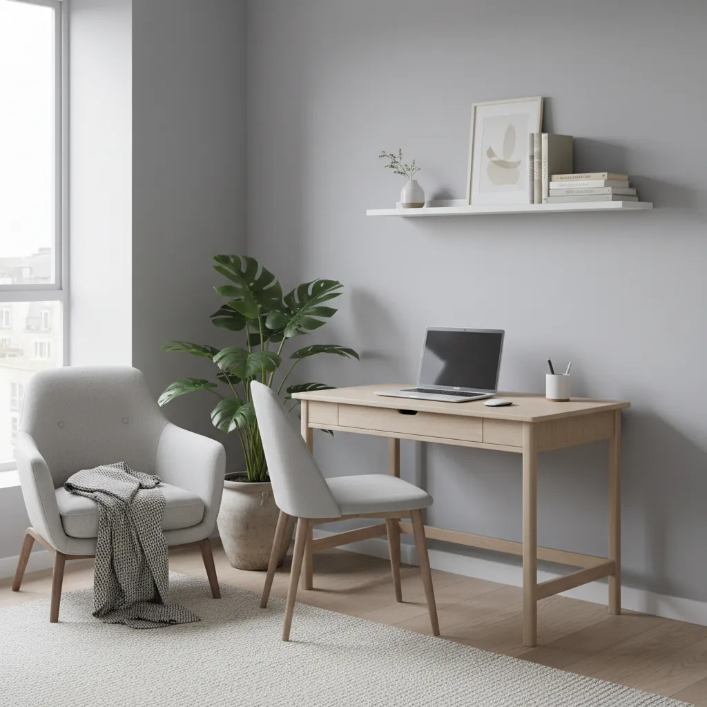 Simple home office corner with wooden desk white chair laptop green plant and gray chair