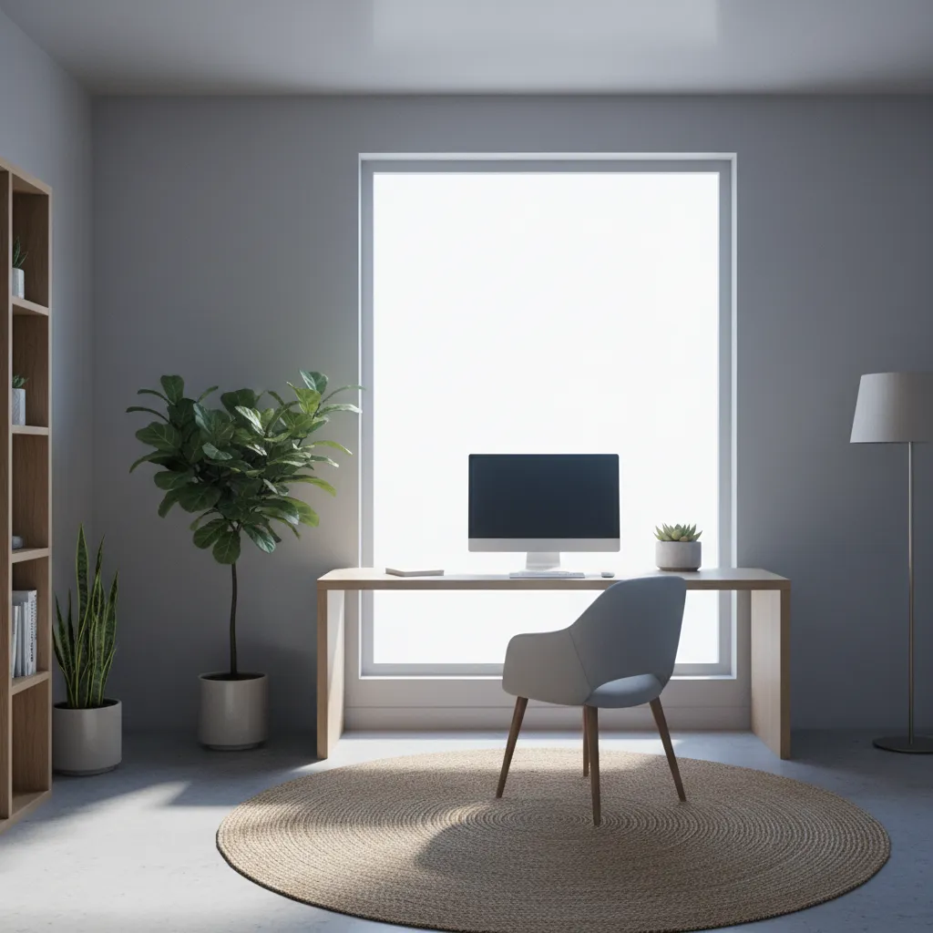 Modern home office with large window daylight affecting soft gray wall color