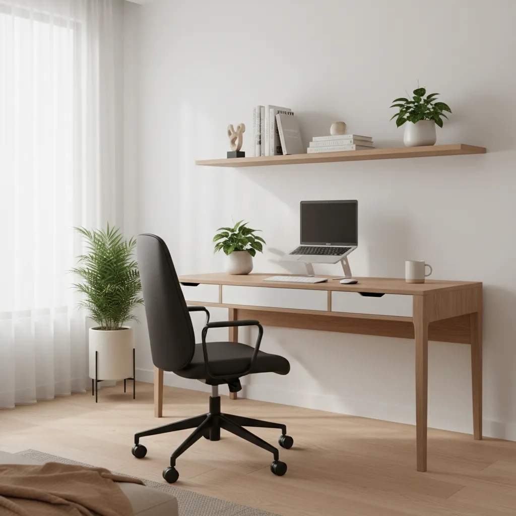 well organized home office workspace with desk chair plants and natural light