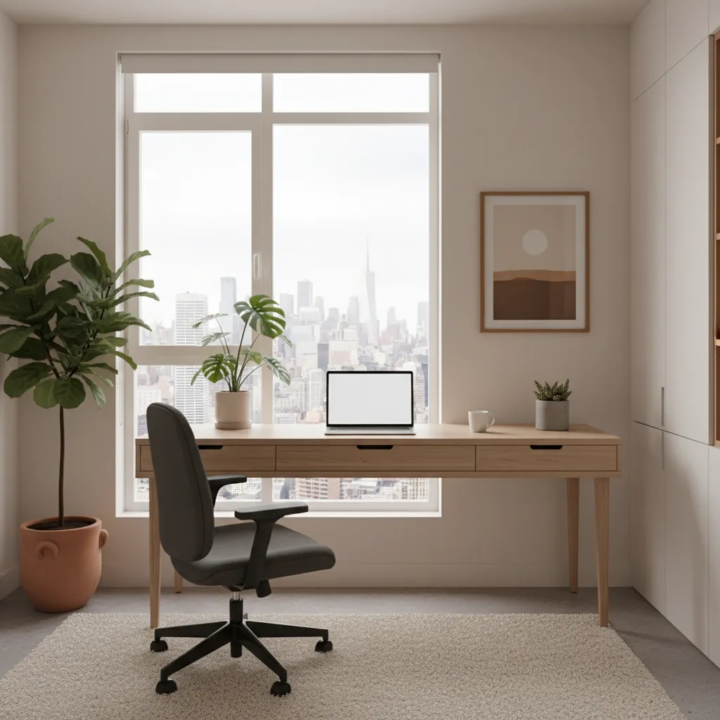 Minimalist home office featuring wooden desk with laptop, black chair, city view window, and plants