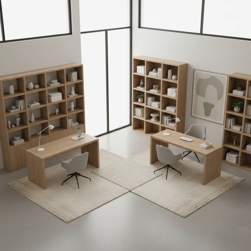 visual comparison layout of desk shelving versus separate bookcase in a home office