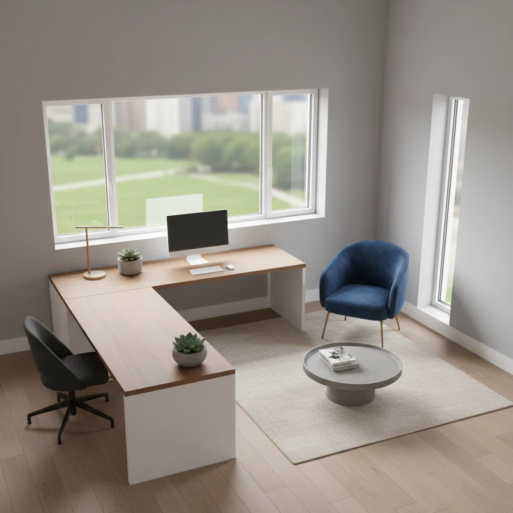 Top perspective layout showing desk placement and statement chair zone in a home office