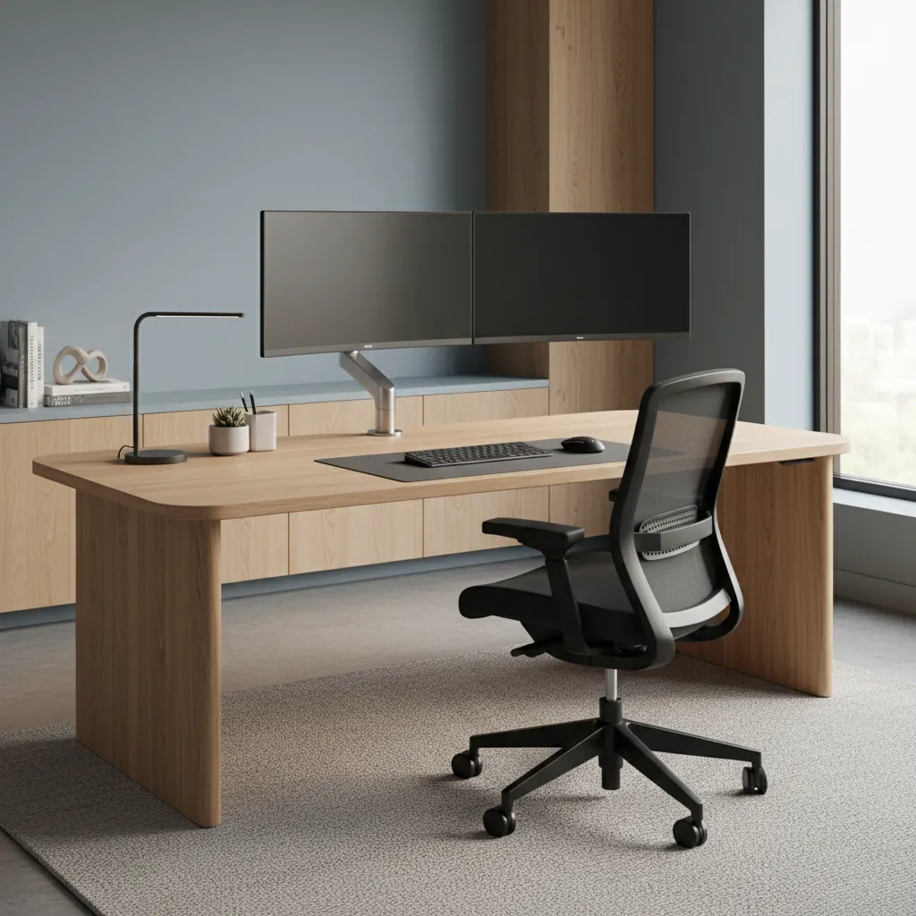 Modern home office with wooden desk, dual monitors on arm, black chair, and blue wall