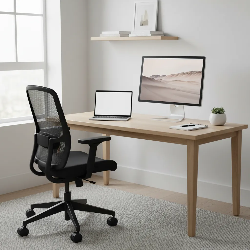 Modern home office setup featuring wooden desk, ergonomic black chair, laptop, monitor, and natural light