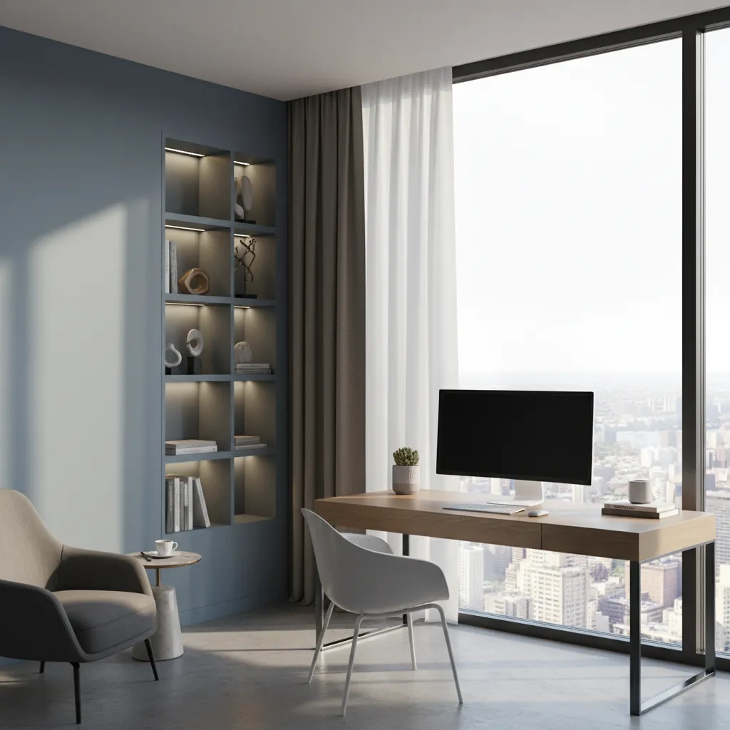 Home office workspace near window showing natural daylight impact on wall color